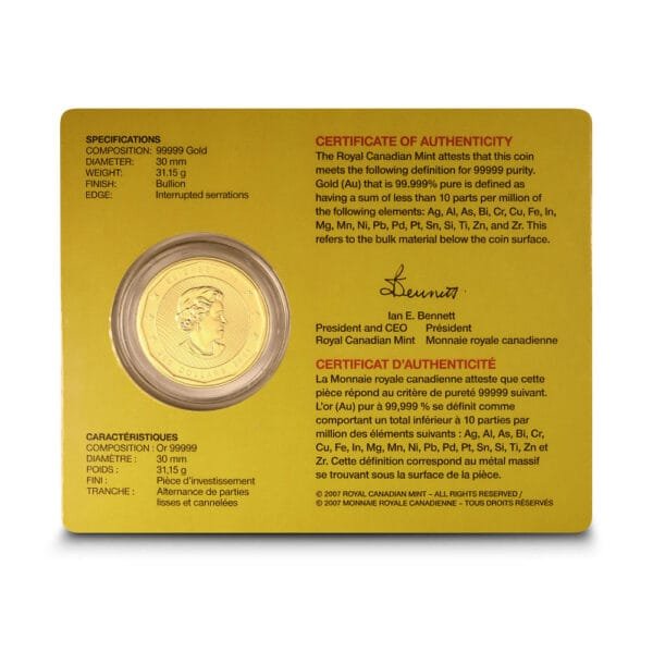 2011 1 oz Canadian Gold Mountie Maple Leaf Coin .99999 Pure (BU w/ Assay)