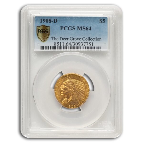 1908-D $5 Indian Gold Half Eagle MS-64 PCGS Best