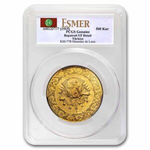 AH 1327/7 (1915) Turkey Gold 500 Kurush De Luxe VF Details PCGS Best