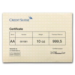 10 oz Platinum Bar - Credit Suisse (.9995 Fine, w/Assay)