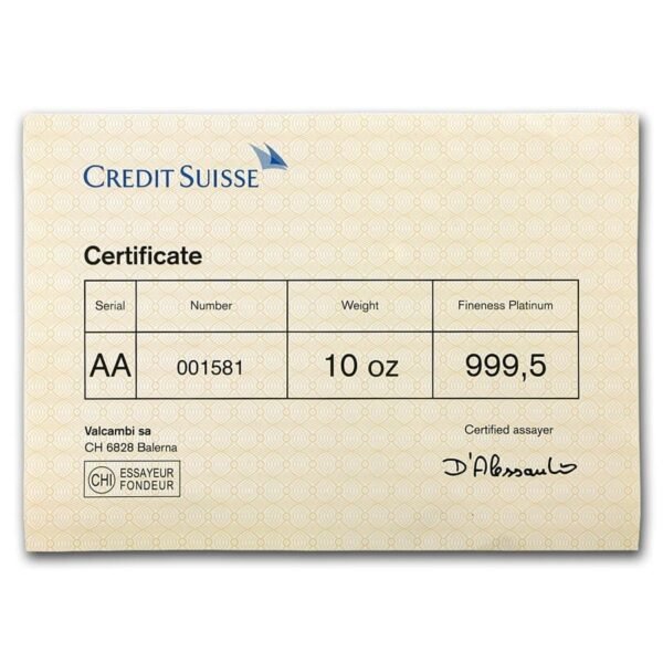 10 oz Platinum Bar - Credit Suisse (.9995 Fine, w/Assay)